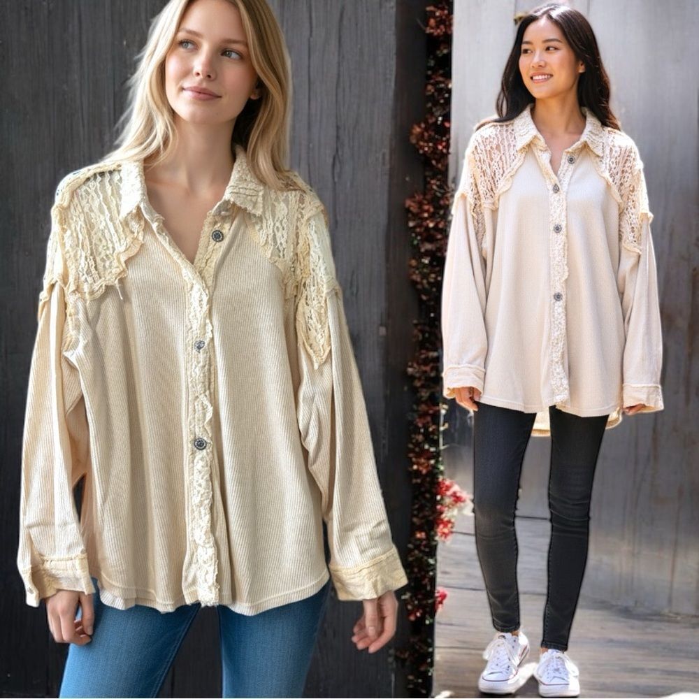 POL Ivory Lace Patchwork Button Up Shacket Size L… - image 4